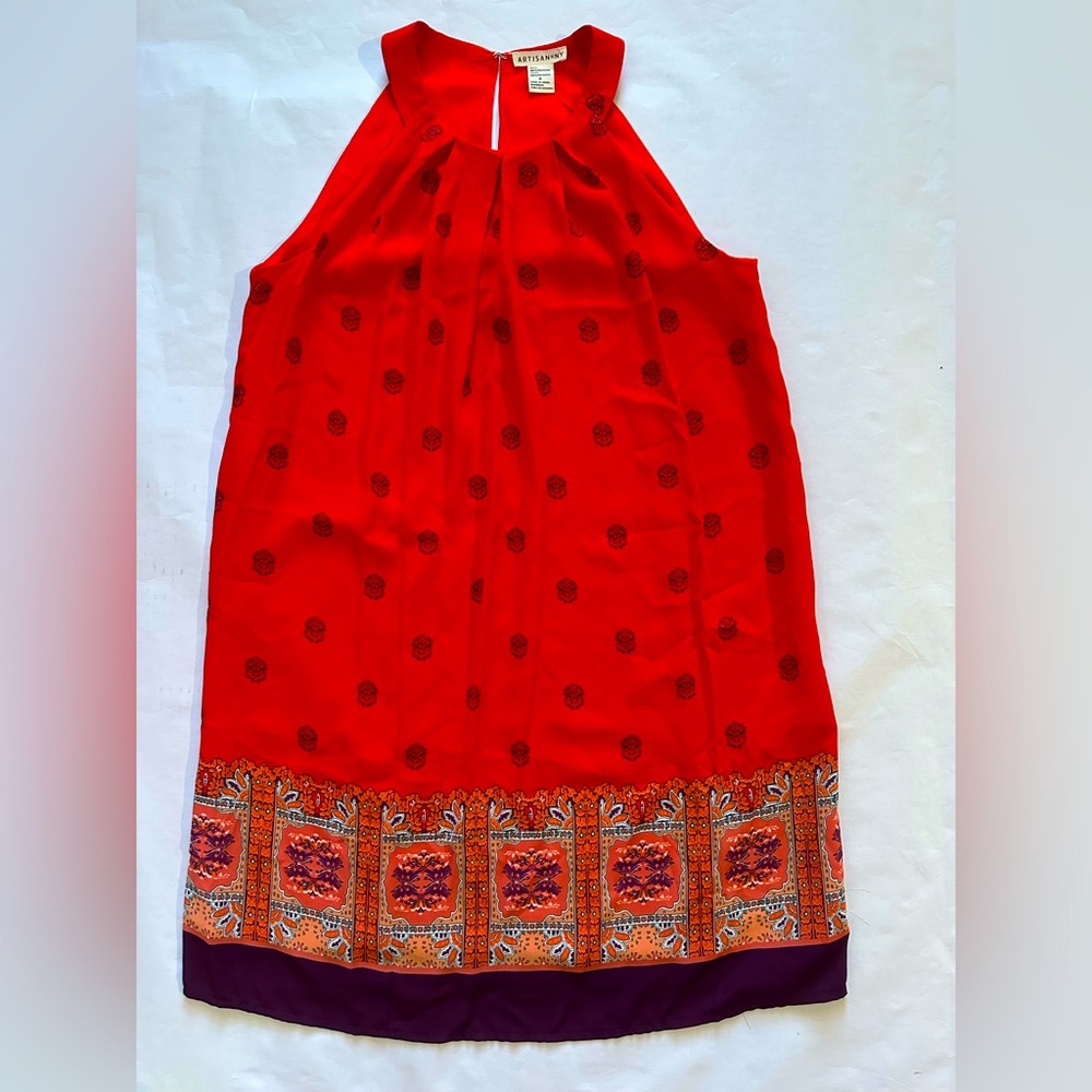 Artisan NY Red Sleeveless Dress with Patterned Hem